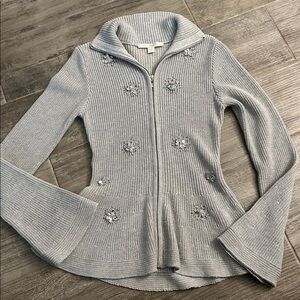Boston Proper Embellished Sweater Full Zip 100% Cotton sz S